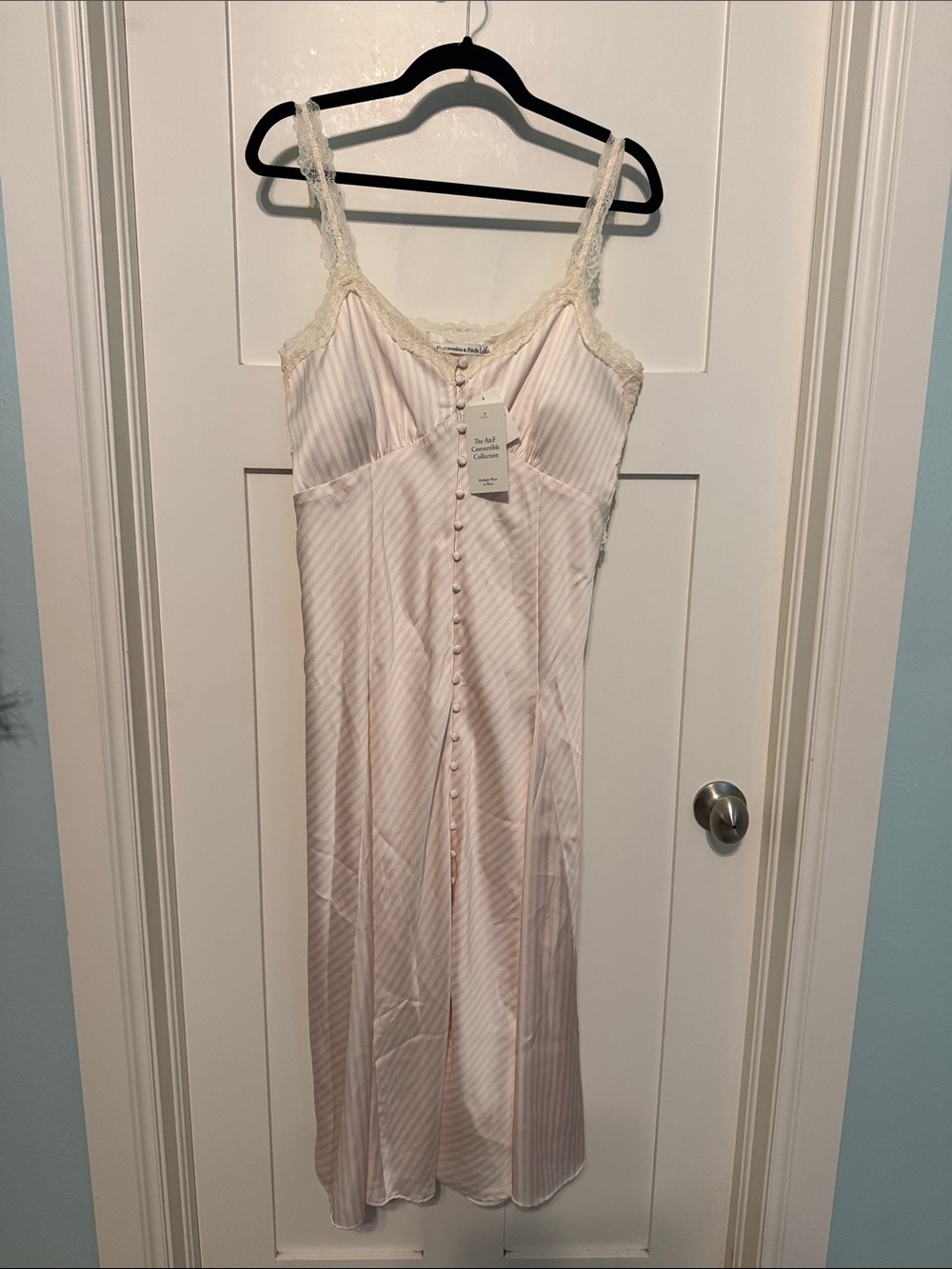Abercrombie & Fitch Light Pink Satin Bra Free Lace-Trim Midi Slip Dress Size LP